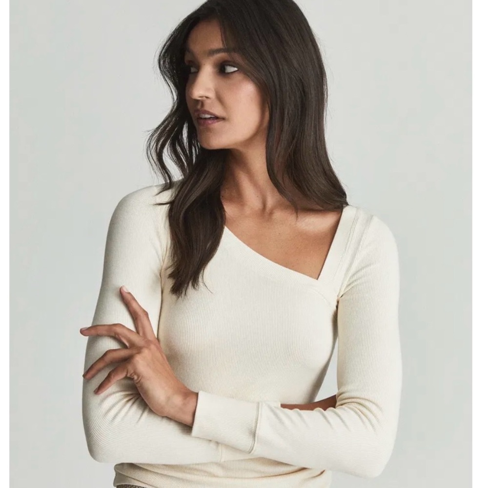 Reiss Carly Cream Ribbed asymmetrical top